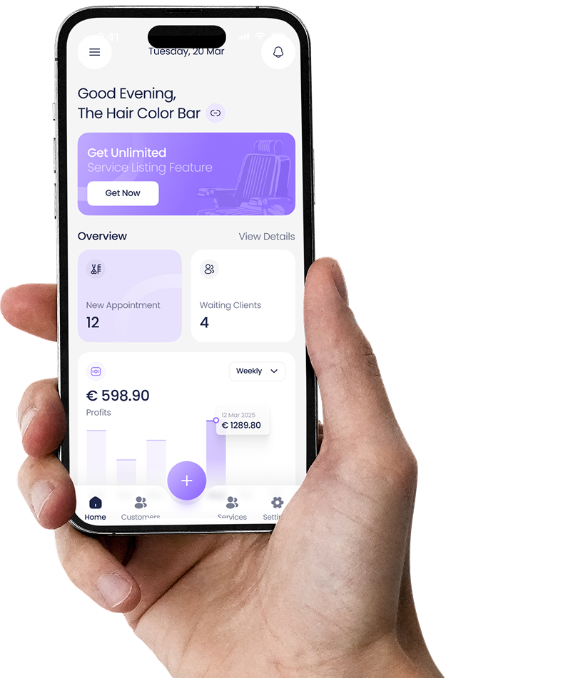 Hand holding the Become a Barber app